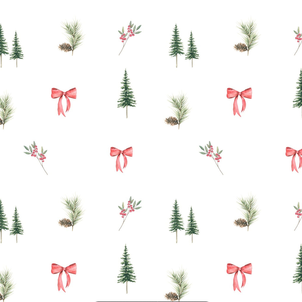 Pattern of Christmas trees, red bows, and evergreen branches on a white background