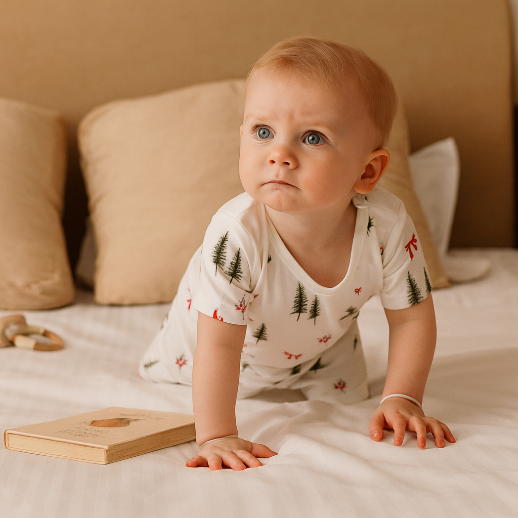 Baby in a white onesie with tree patterns on a bed with beige pillows and a wooden book.