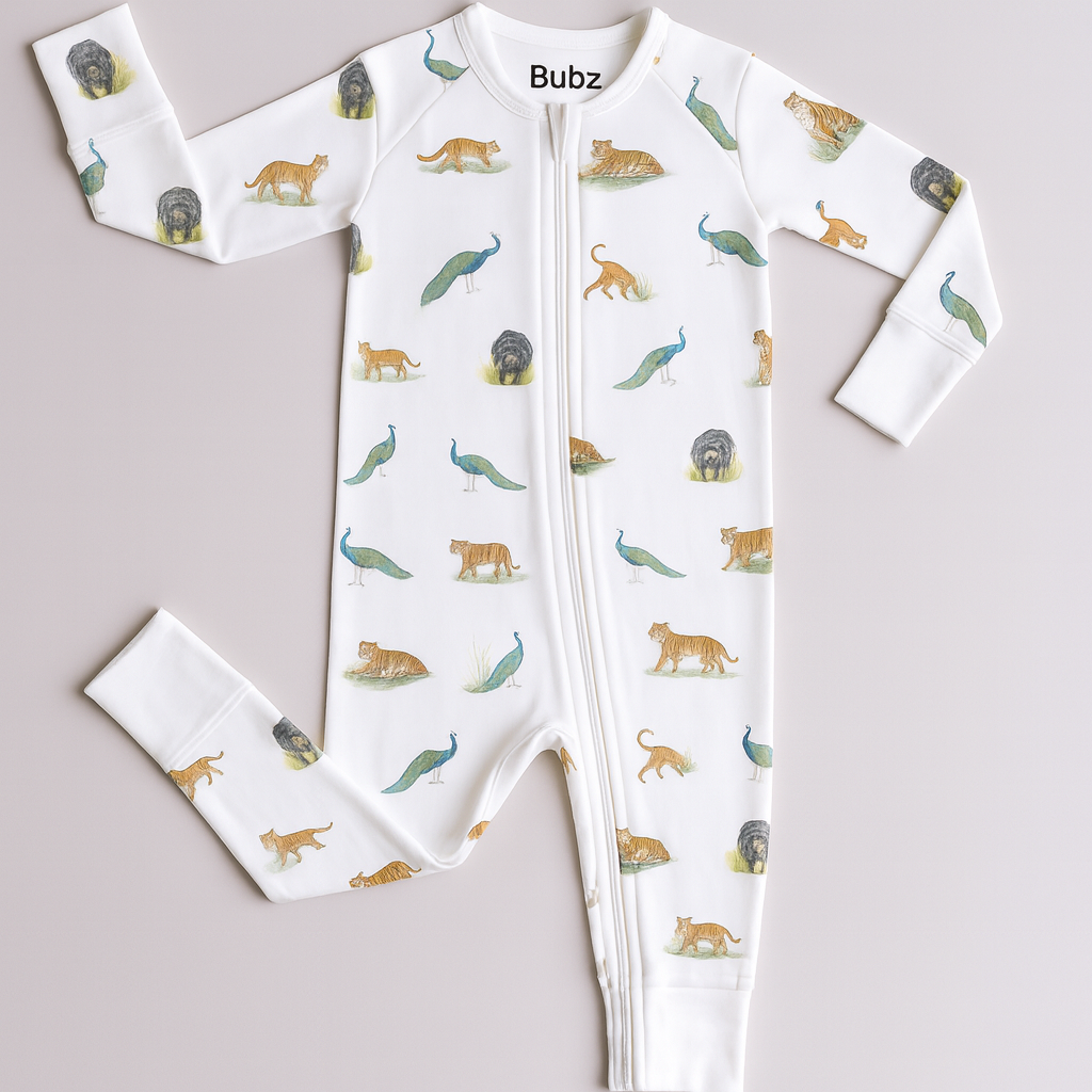 Baby onesie with animal pattern on a gray background, branded 'Bubz'