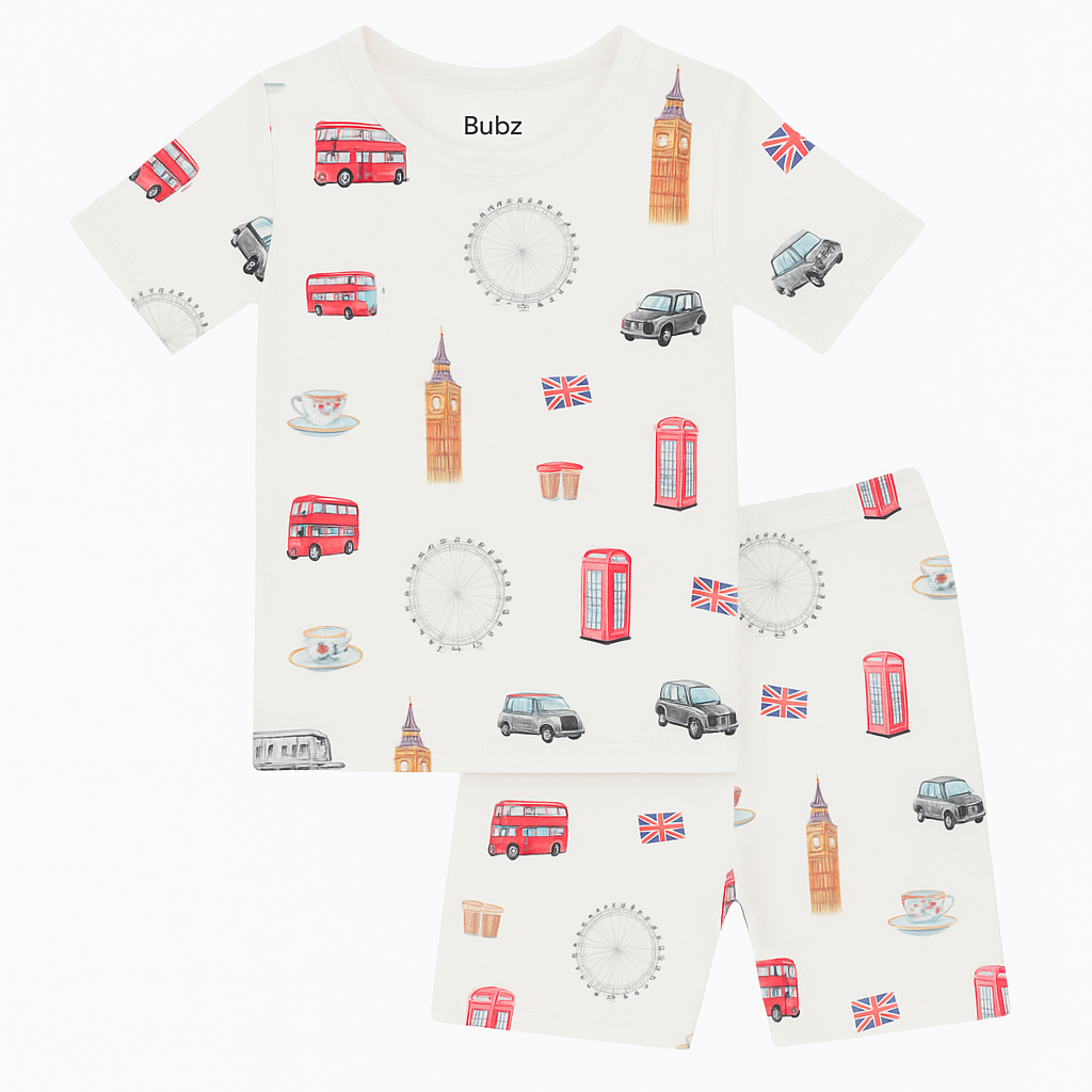 Children's pajama set with London-themed design on a white background